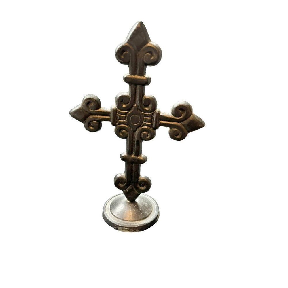 Antique-Style Cross With Fleur-De-Lis Design  12 Inch Tall
